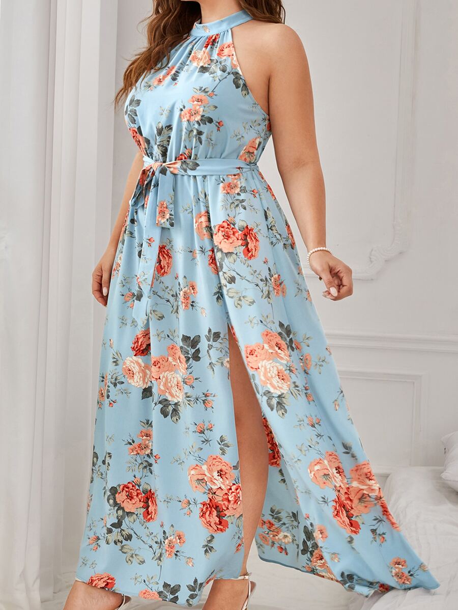 SHEIN VCAY 大碼印花高衩腰帶掛脖連衣裙 - 彩色 - 查看 1