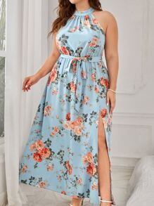 SHEIN VCAY 大碼印花高衩腰帶掛脖連衣裙 - 彩色 - 查看 2