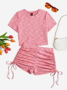 SHEIN EZwear Space Dye Crop Tee & Drawstring Side Shorts - Multicolor - View 1