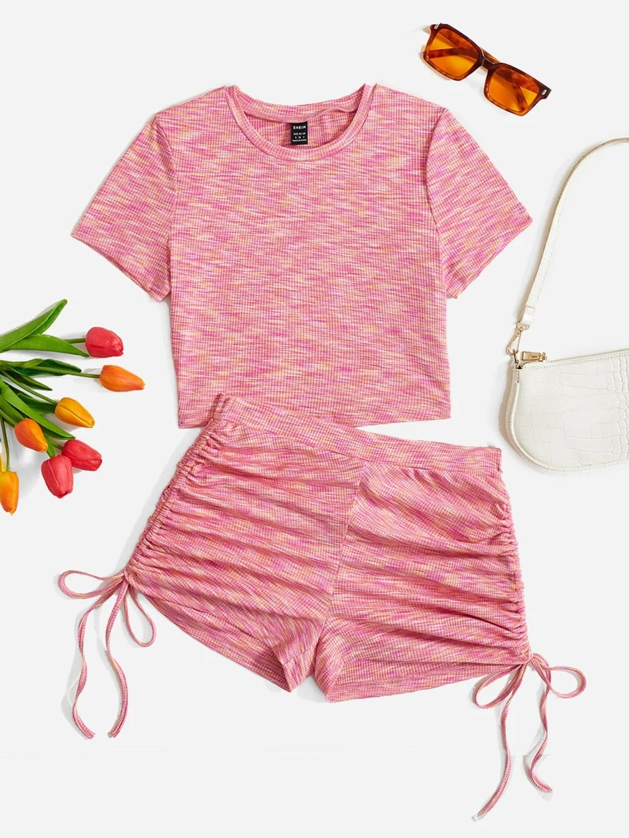 SHEIN EZwear Space Dye Crop Tee & Drawstring Side Shorts - Multicolor - View 1