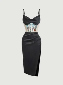 SHEIN MOD Figure Graphic Ruched Split Thigh Cami Dress - Black - View 1