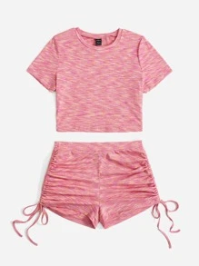 SHEIN EZwear Space Dye Crop Tee & Drawstring Side Shorts - Multicolor - View 4