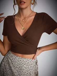 SHEIN Tall Áo thun nữ Trọn gói Gân đan màu trơn Giải trí - Cà phê nâu - Xem 1