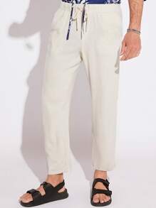 GENTILAND Men Drawstring Waist Solid Trousers - Beige - View 1