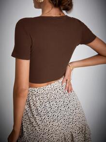 SHEIN Tall Áo thun nữ Trọn gói Gân đan màu trơn Giải trí - Cà phê nâu - Xem 2