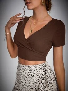 SHEIN Tall Áo thun nữ Trọn gói Gân đan màu trơn Giải trí - Cà phê nâu - Xem 4