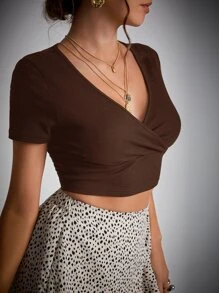 SHEIN Tall Áo thun nữ Trọn gói Gân đan màu trơn Giải trí - Cà phê nâu - Xem 5