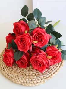 10 Heads Artificial Silk Rose Bouquet, Suitable For Home, Office, Party Decoration And Wedding Decor - Red - View 4