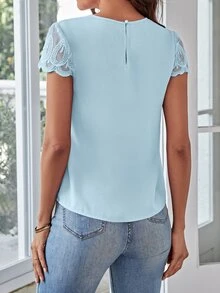 SHEIN Clasi Áo sơ mi nữ Nút Tương phản Mesh Thêu Sò điệp màu trơn Giải trí - Màu xanh nhạt - Xem 2