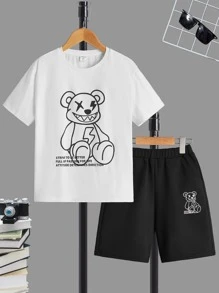 SHEIN Boys Cartoon & Slogan Graphic Tee & Shorts - Black and White - View 1