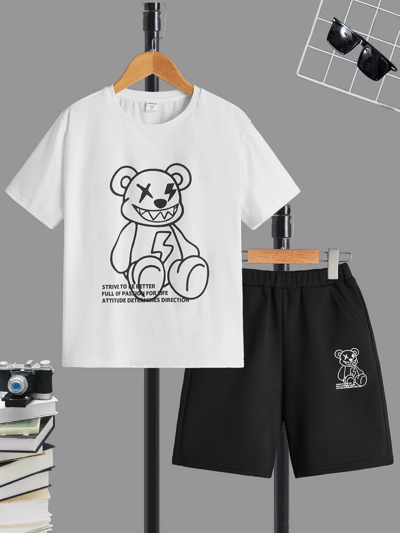 SHEIN Boys Cartoon & Slogan Graphic Tee & Shorts - Black and White - View 1