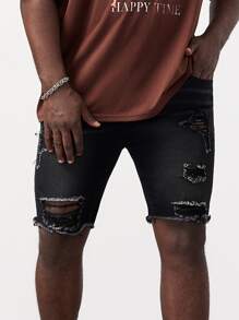 GENTILAND Hombres Shorts mezclilla bermuda desgarro crudo bajo de doblez - Negro - Ver 1