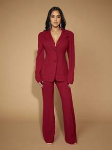 SHEIN SXY 高腰喇叭褲 - 酒紅色 - 查看 3