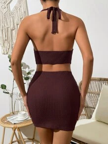 Chiquease 垂墜後背繫帶繞頸緊身連衣裙 - 酒紅色 - 查看 2