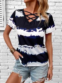 SHEIN LUNE Colourblock Criss Cross Front Tee - Multicolor - View 5