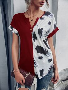 EMERY ROSE Brush Print Notched Neckline Batwing Sleeve Tee - Red and White - View 1