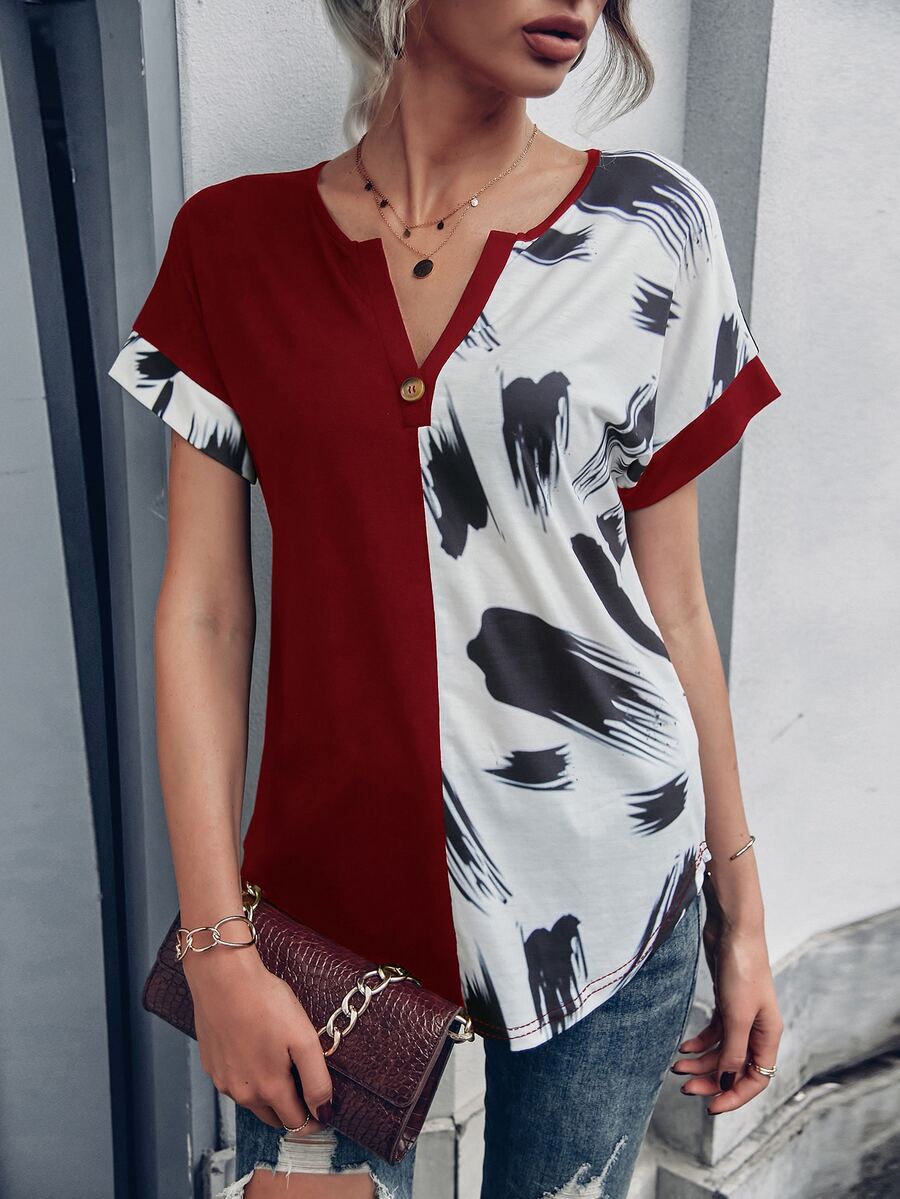 EMERY ROSE Brush Print Notched Neckline Batwing Sleeve Tee - Red and White - View 1