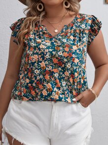 SHEIN VCAY Blusa con estampado floral de cuello notch de manga mariposa - Multicolor - Ver 1