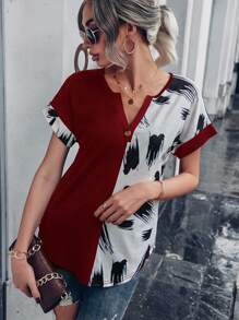 EMERY ROSE Brush Print Notched Neckline Batwing Sleeve Tee - Red and White - View 3