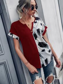 EMERY ROSE Brush Print Notched Neckline Batwing Sleeve Tee - Red and White - View 4