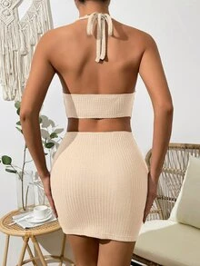 SHEIN Frenchy Đầm Lộ Lưng Cắt ra Vắt Buộc lại màu trơn Gợi cảm - Màu be - Xem 2