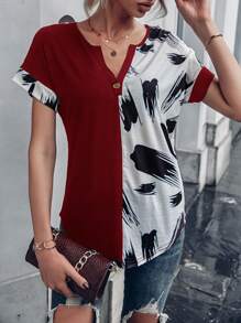 EMERY ROSE Brush Print Notched Neckline Batwing Sleeve Tee - Red and White - View 5