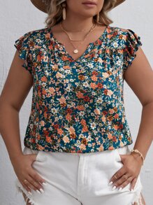 SHEIN VCAY Blusa con estampado floral de cuello notch de manga mariposa - Multicolor - Ver 5