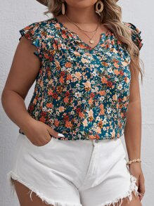 SHEIN VCAY Blusa con estampado floral de cuello notch de manga mariposa - Multicolor - Ver 6
