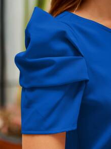 SHEIN Clasi 鎖眼領口泡泡袖襯衫 - 寶藍色 - 查看 4