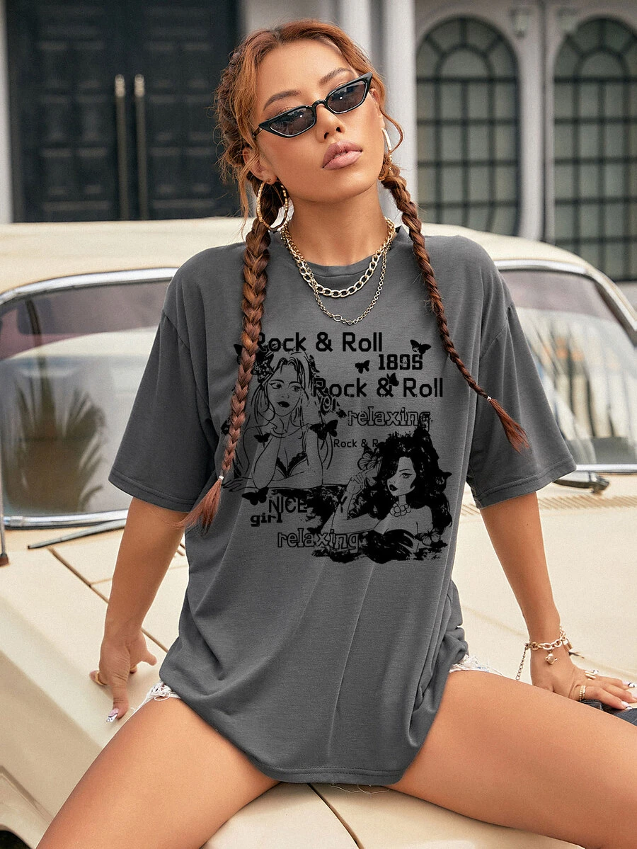 SHEIN EZwear Figure & Letter Graphic Drop Shoulder Tee - Dark Grey - View 1