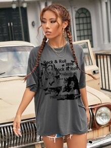 SHEIN EZwear Figure & Letter Graphic Drop Shoulder Tee - Dark Grey - View 4