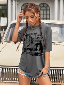 SHEIN EZwear Figure & Letter Graphic Drop Shoulder Tee - Dark Grey - View 5