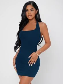 SHEIN PETITE Solid Halter Neck Backless Bodycon Dress - Navy Blue - View 1