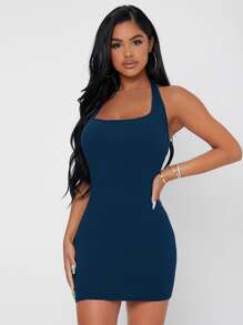 SHEIN PETITE Solid Halter Neck Backless Bodycon Dress - Navy Blue - View 4