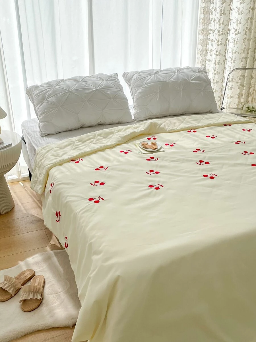 Cherry Pattern Embroidery Quilted Bedspread - Yellow - View 1