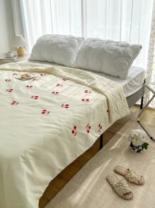 Cherry Pattern Embroidery Quilted Bedspread - Yellow - View 7