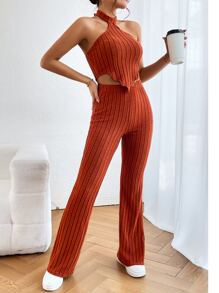 SHEIN Essnce Bộ đồ dệt kim dài tay và quần dài eo co giãn dành cho nữ - Màu Cam cháy - Xem 4