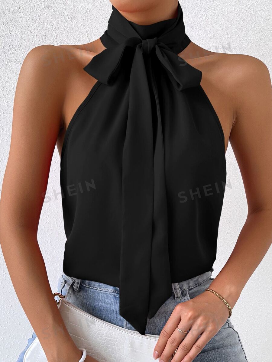 Chiquease Blusa top halter con nudo frontal sólido, sin mangas