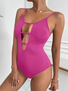 SHEIN Allurite 前鏤空吊帶連體衣 - 玫紅色 - 查看 4