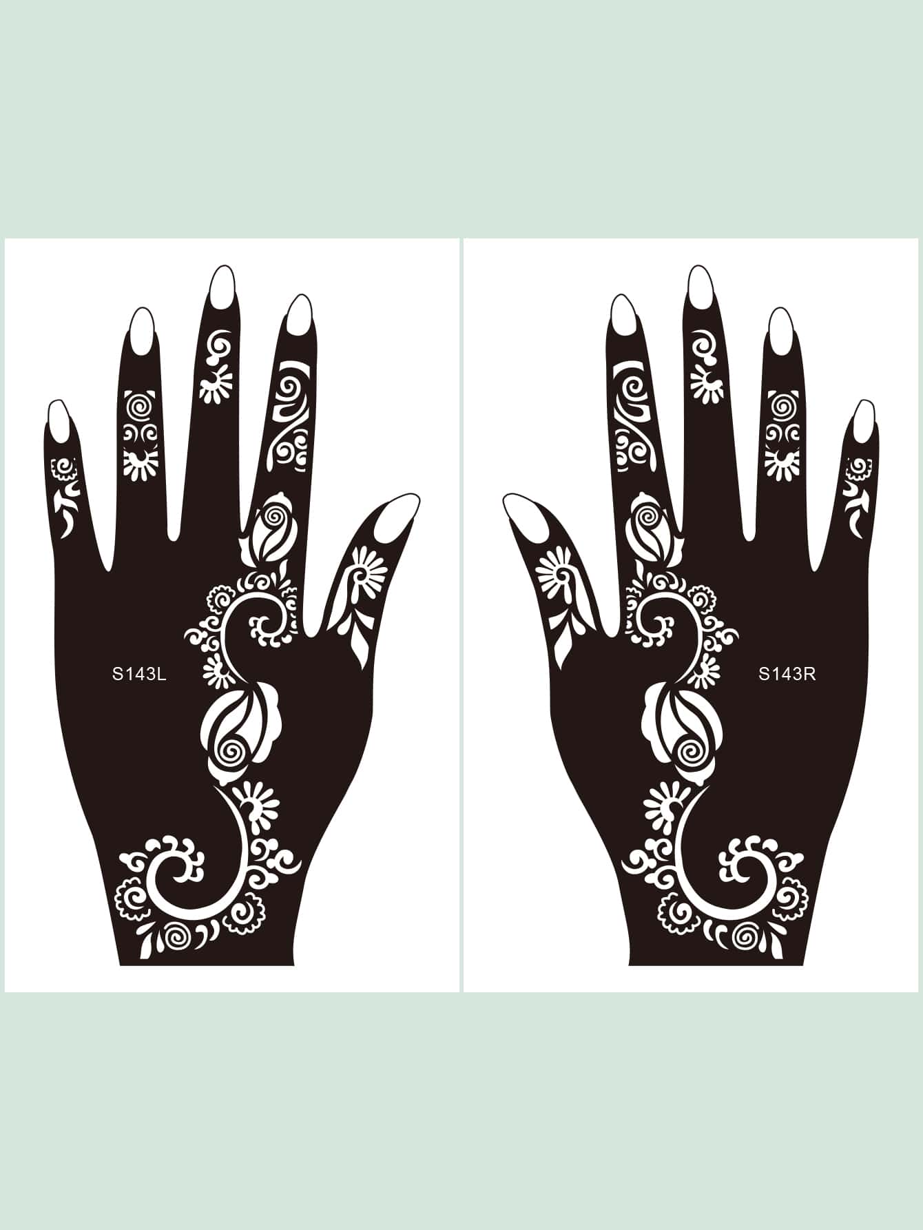 紋身模板套件，2張適合女士和女孩花朵印花紋身模板，可重複使用手部指甲花模板，DIY紋身模板，面部彩繪人體藝術紋身貼紙 - 黑色 - 查看 1