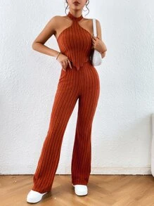 SHEIN Essnce Bộ đồ dệt kim dài tay và quần dài eo co giãn dành cho nữ - Màu Cam cháy - Xem 1