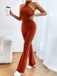 SHEIN Essnce Bộ đồ dệt kim dài tay và quần dài eo co giãn dành cho nữ - Màu Cam cháy - Xem 3