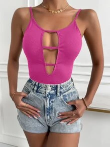 SHEIN Allurite 前鏤空吊帶連體衣 - 玫紅色 - 查看 6