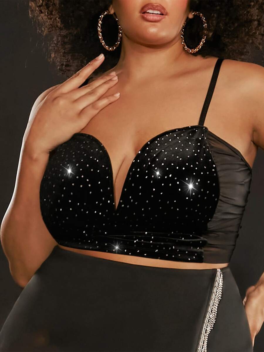 SHEIN CURVE+ 大碼水鑽細節吊帶短上衣 - 黑色 - 查看 1
