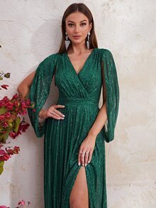 YISIKADO 高衩亮片V領洋裝 - 墨綠色 - 查看 6