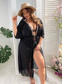 Kimono con cinta en contraste de manga murciélago de cintura con cordón - Negro - Ver 1