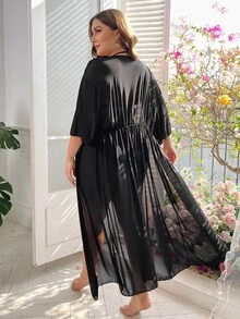 Kimono con cinta en contraste de manga murciélago de cintura con cordón - Negro - Ver 2
