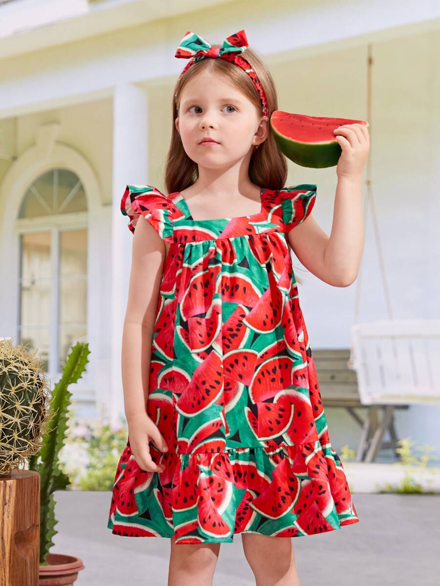 SHEIN meninas da criança Vestido de bata impressão de melancia acabamento de babados - Multicolorido - Visão 1