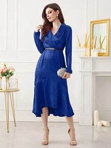 Modelyn 花卉圖案提花青果領魚尾裙下擺腰帶緞面洋裝