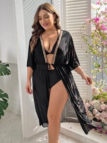 Kimono con cinta en contraste de manga murciélago de cintura con cordón - Negro - Ver 5